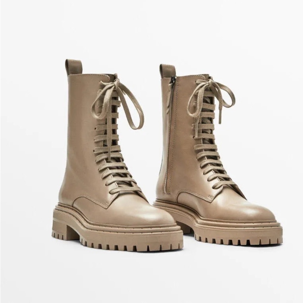 Massimo Dutti taupe leather lace up lug sole boots – size 10 (40) - Picture 2 of 10